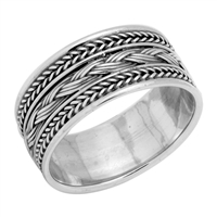 RPS1034 Silver Plain Thick Braided Bali Band Ring