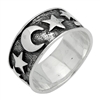 RPS1056 Silver Plain Oxidize Moon Star Ring