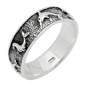 RPS1070 Silver Plain Oxidize Dolphin Band Ring