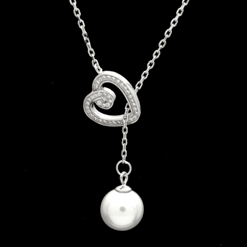 SCN1001-SL Sterling Silver CZ Heart Necklace with Pearl Drop