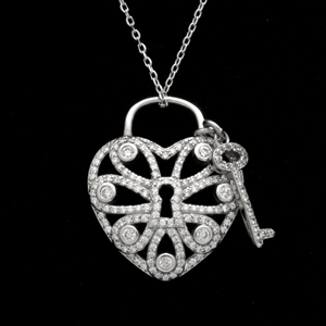 SCN1002-SL Sterling Silver CZ Heart Necklace with Key
