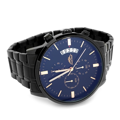 Black Stainless Steel Chronograph Watch With Date, Blue Face, and Rose Gold Accents and by SunCoast