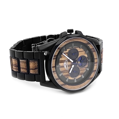 Black Stainless Steel and Zebrawood Watch with Round Steel/Wood Dial and Day/Night Indicator by SunCoast