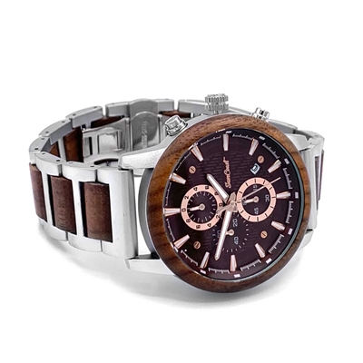 Stainless Steel and M1 Garand Stock Wood Chronograph Watch with Dark Bronze Face and Rose Gold Accents by SunCoast
