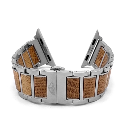 Stainless Steel and Whiskey Barrel Wood 42-44mm Apple Watch Band by SunCoast