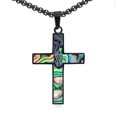 STEEL REVOLTâ„¢ Stainless Steel Cross Necklace with  Abalone Shell