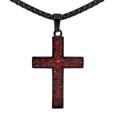 STEEL REVOLTâ„¢Black Stainless Steel Cross Necklace with Crushed Opal