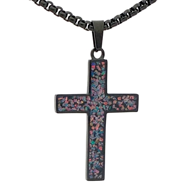 STEEL REVOLTâ„¢Black Stainless Steel Cross Necklace with Crushed Opal