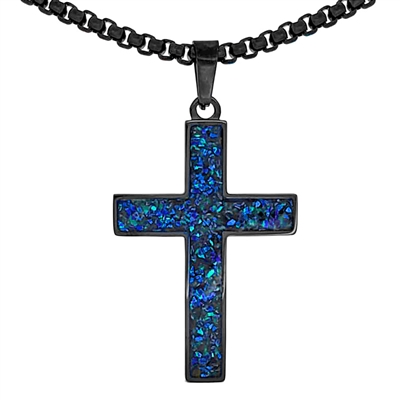 STEEL REVOLTâ„¢Black Stainless Steel Cross Necklace with Crushed Opal