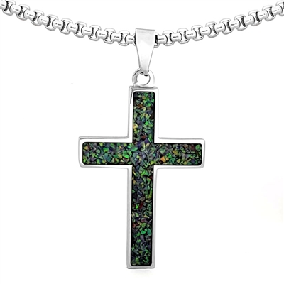 STEEL REVOLTâ„¢ Stainless Steel Cross Necklace with Crushed Opal