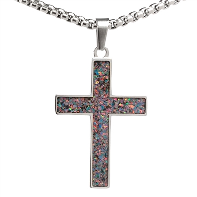 STEEL REVOLTâ„¢ Stainless Steel Cross Necklace with Crushed Opal