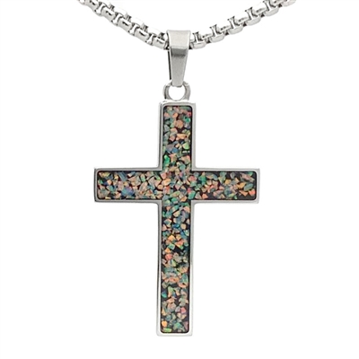 STEEL REVOLTâ„¢ Stainless Steel Cross Necklace with Crushed Opal