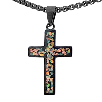 STEEL REVOLTâ„¢Black Stainless Steel Cross Necklace with Crushed Opal