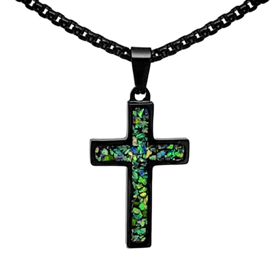 STEEL REVOLTâ„¢Black Stainless Steel Cross Necklace with Crushed Opal