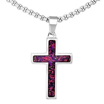 STEEL REVOLTâ„¢ Stainless Steel Cross Necklace with Crushed Opal