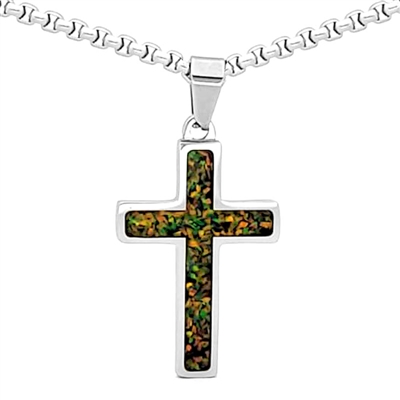 STEEL REVOLTâ„¢ Stainless Steel Cross Necklace with Crushed Opal