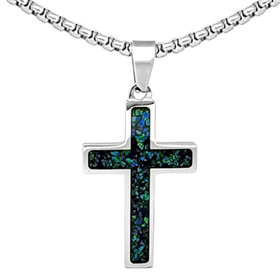 STEEL REVOLTâ„¢ Stainless Steel Cross Necklace with Crushed Opal