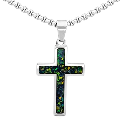 STEEL REVOLTâ„¢ Stainless Steel Cross Necklace with Crushed Opal