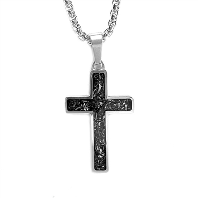 STEEL REVOLTâ„¢ Stainless Steel Cross Necklace with  Crushed Meteorite