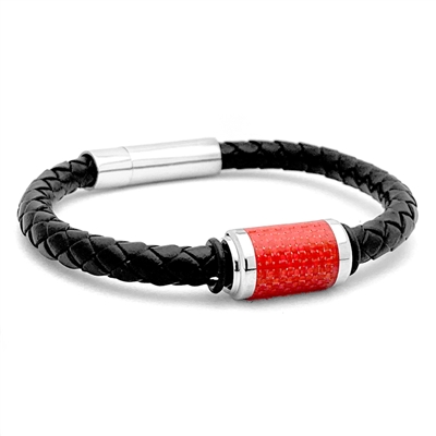 STEEL REVOLTâ„¢ Genuine Leather Bracelet with Red Carbon Fiber Inlay
