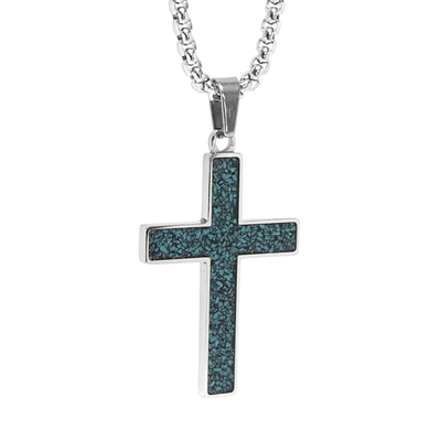 STEEL REVOLTâ„¢ Stainless Steel Cross Necklace with Crushed Turquoise