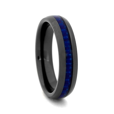 STEEL REVOLTâ„¢ Comfort Fit 4mm Black High-Tech Ceramic Wedding Band with Blue Carbon Fiber Inlay