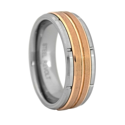 STEEL REVOLTâ„¢ Comfort Fit 8mm Modern Design Tungsten Carbide Wedding Band with a Rose Gold Color PVD Plated Center