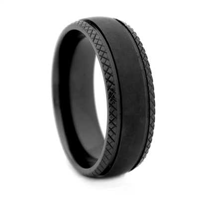 STEEL REVOLTâ„¢ 8mm Matte Black Zirconium Ring with Criss-Cross Brush Pattern in the Center and Deep Criss-Cross Edges