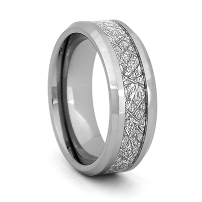 STEEL REVOLTâ„¢ Comfort Fit Tungsten Carbide Wedding Ring with Beveled Edges and  Meteorite-Look Inlay