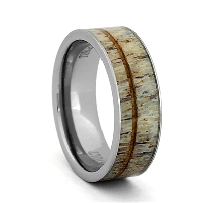 STEEL REVOLTâ„¢ Comfort Fit Tungsten Carbide Wedding Ring with Antler and Koa Wood Inlay