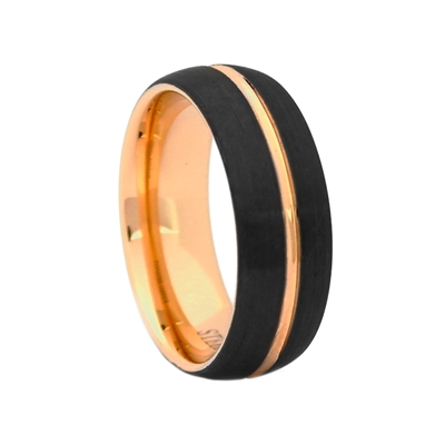 STEEL REVOLTâ„¢ Comfort Fit Domed 8mm Black Tungsten Carbide Wedding Band with Rose Gold Color PVD Plated Interior and Center Groove