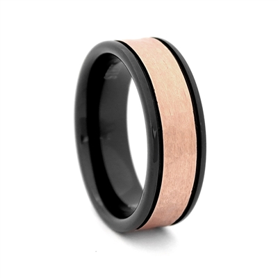 STEEL REVOLTâ„¢ Comfort Fit 8mm Black Tungsten Carbide Wedding Band with Two Grooves and Rose Gold Color PVD Plated Hammered Look Center