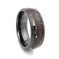 STEEL REVOLTâ„¢ Comfort-Fit 8mm Domed Tungsten Carbide Brushed Finish Wedding Ring With Meteorite Pieces and Dinosaur Bone Inlay