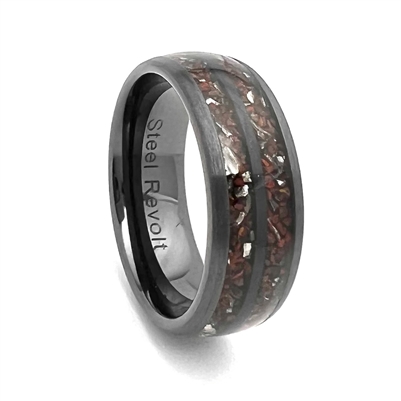 STEEL REVOLTâ„¢ Comfort-Fit 8mm Domed Tungsten Carbide Brushed Finish Wedding Ring With Meteorite Pieces and Dinosaur Bone Inlay