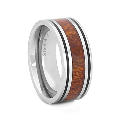 STEEL REVOLTâ„¢ Comfort Fit Tungsten Carbide Wedding Ring with Koa Wood Inlay