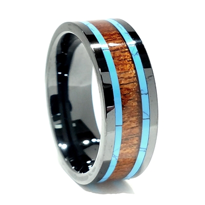 STEEL REVOLTâ„¢ Comfort Fit High-Tech Ceramic Wedding Ring with Koa Wood and Turquoise Inlay