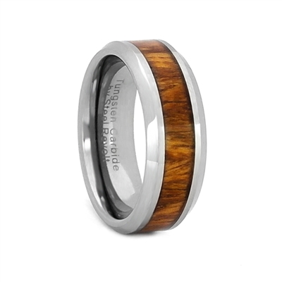 STEEL REVOLTâ„¢ Comfort Fit Tungsten Carbide Wedding Ring with Beveled Edges and Koa Wood Inlay