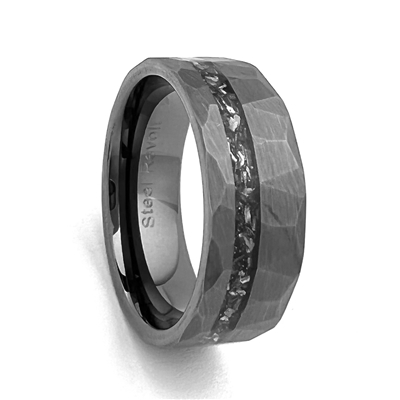 STEEL REVOLTâ„¢ Comfort-Fit 8mm Diamond Cut Look Tungsten Carbide Wedding Ring With Inlay of Meteorite Pieces