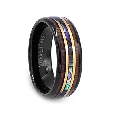 STEEL REVOLTâ„¢ Comfort Fit 8mm Black High-Tech Ceramic Wedding Ring With a Koa Wood, Mother of Pearl, and Gold Color Lines