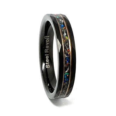 STEEL REVOLTÂ® Comfort-Fit 8mm Diamond Cut Look Tungsten Carbide Wedding Ring With Crushed Opal and Meteorite