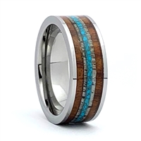STEEL REVOLTâ„¢ Comfort Fit Tungsten Carbide Wedding Ring with Antler, Turquoise, and Genuine Jack Daniels Whiskey Barrel Wood Inlay