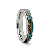 STEEL REVOLTâ„¢ Comfort Fit Tungsten Carbide Wedding Ring with Antler, Turquoise, and Genuine Jack Daniels Whiskey Barrel Wood Inlay