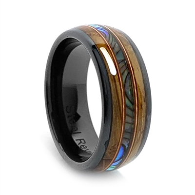 STEEL REVOLTâ„¢ HEARTSTRINGS is a Tennessee Whiskey Band. It is an 8mm comfort fit black high-tech ceramic wedding ring with abalone shell, guitar strings, and wood cut from the whiskey barrels once used by the Jack Daniel's Distillery