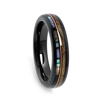 STEEL REVOLTâ„¢ Comfort Fit 4mm Black High-Tech Ceramic Wedding Ring with a Genuine Jack Daniels Whiskey Barrel Wood, Mother of Pearl, and Guitar String