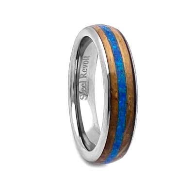 STEEL REVOLTâ„¢ Comfort Fit Tungsten Carbide Wedding Ring with Jack Daniels Whiskey Barrel Wood and Created Crushed Opal