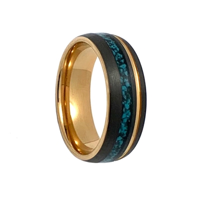 STEEL REVOLTâ„¢ Comfort Fit Tungsten Carbide Wedding Ring with Rounded Edges, Turquoise Inlay, and Gold Accents