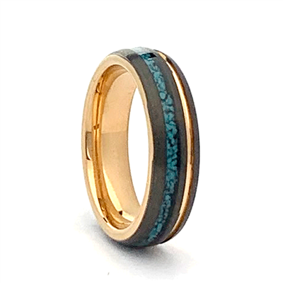 STEEL REVOLTâ„¢ Comfort Fit Tungsten Carbide Wedding Ring with Rounded Edges, Turquoise Inlay, and Gold Accents