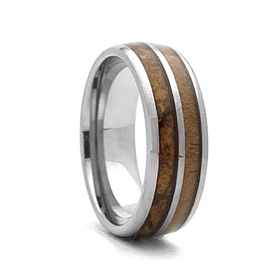 STEEL REVOLTâ„¢ Comfort Fit Domed Tungsten Carbide Wedding Ring Wood from Genuine Jack Daniels Whiskey Barrel and Cigar Leaf