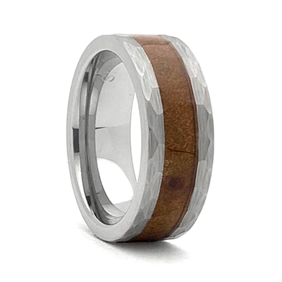 STEEL REVOLTâ„¢ Comfort Fit Hammered Look Tungsten Carbide Wedding Ring Wood from Genuine Jack Daniels Whiskey Barrel