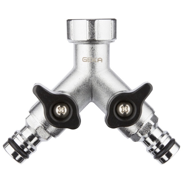 GEKA two-way valved splitter with 3/4-inch GHT and male QuickConnects - 46.2431.9